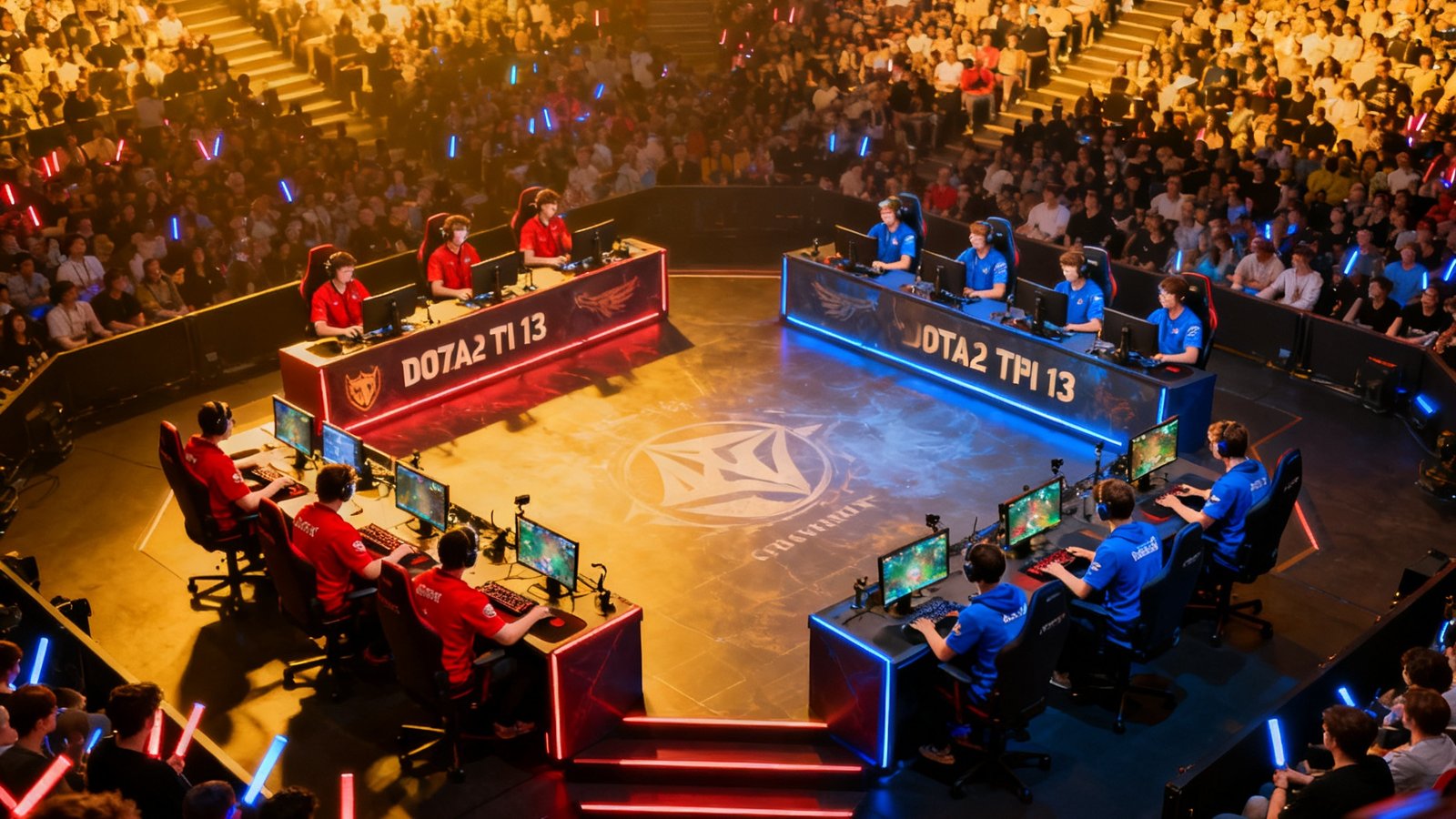DOTA2 TI13国际邀请赛现场俯拍，舞台中央两支队伍正在激烈对决，观众席人山人海